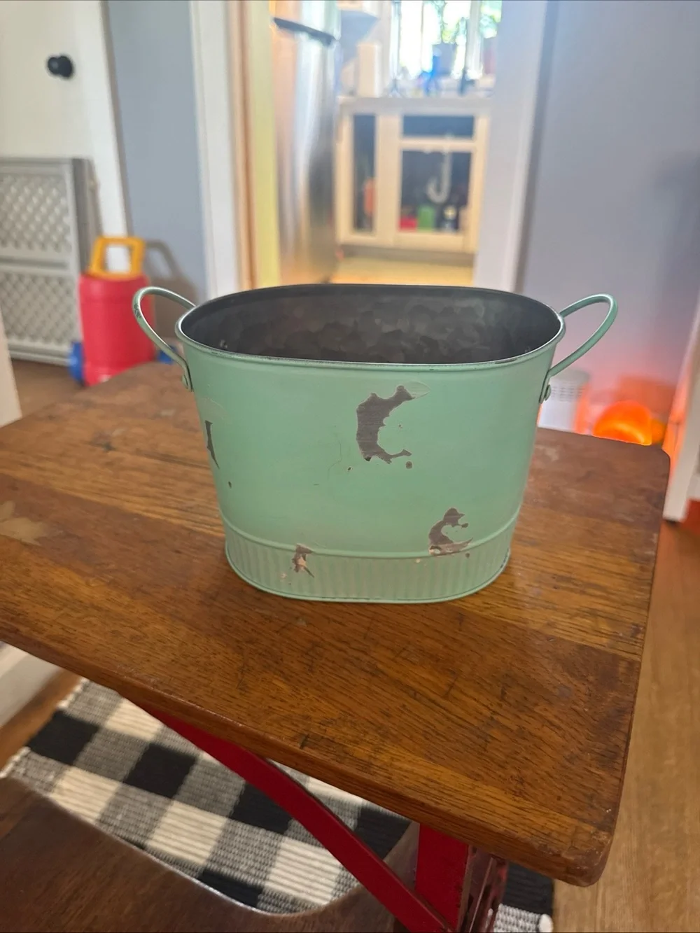 Distressed Mint Green Metal Planter with Side Handles